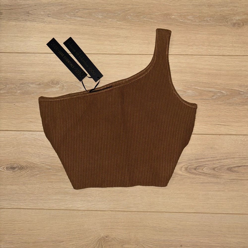 House of Harlow 1960 Woman's One Shoulder Ribbed Knit Crop Top Size Medium Brown